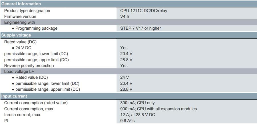 مشخصات فنی پردازنده 1211C DC/DC/Relay پی ال سی 1200 زیمنس