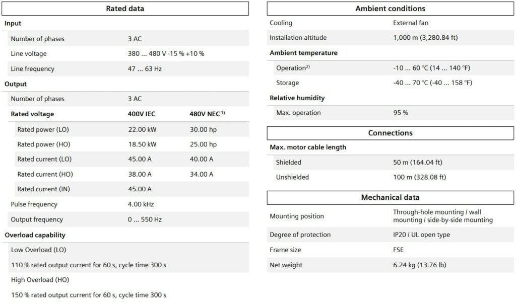 مشخصات درایو  18.5 کیلووات سنگین کار V20 زیمنس